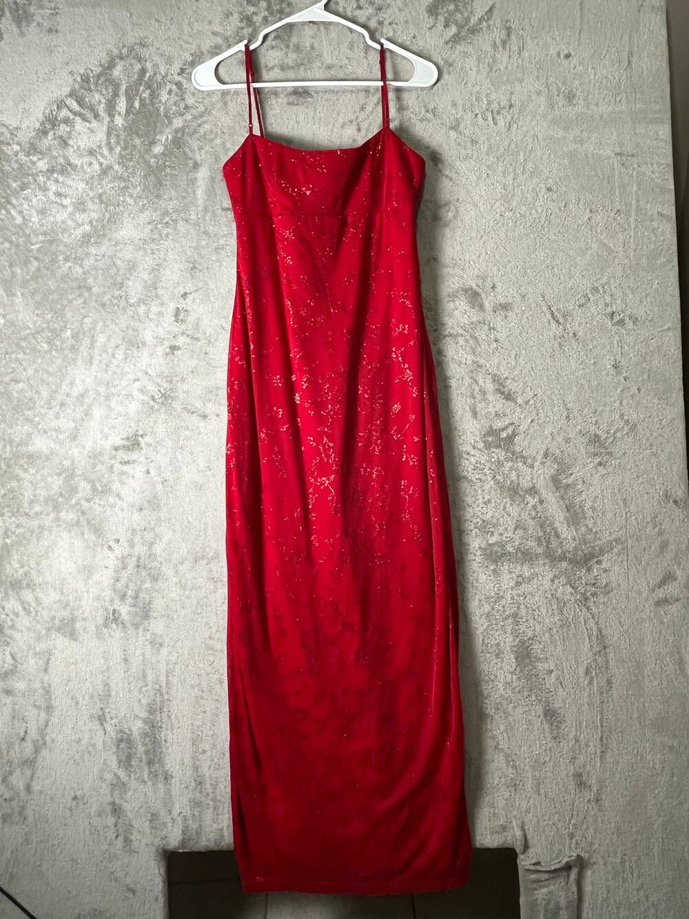 Vintage Y2K Femme Fatale Red Glitter Floral Slip Maxi Dress Romantic Goth Glam M